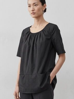 COS Black Cotton Poplin Gathered Neck Top Size 38 US 6 Quiet Luxury Scandi-Chic